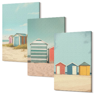 Zestaw obrazów 3 części tryptyk Kolorowe domki na plaży w letnim słońcu