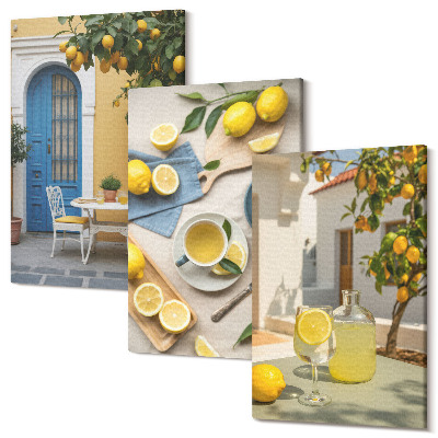 Zestaw obrazów tryptyk na ścianę Cytryny lemoniada niebieskich drzwi letnie widoki