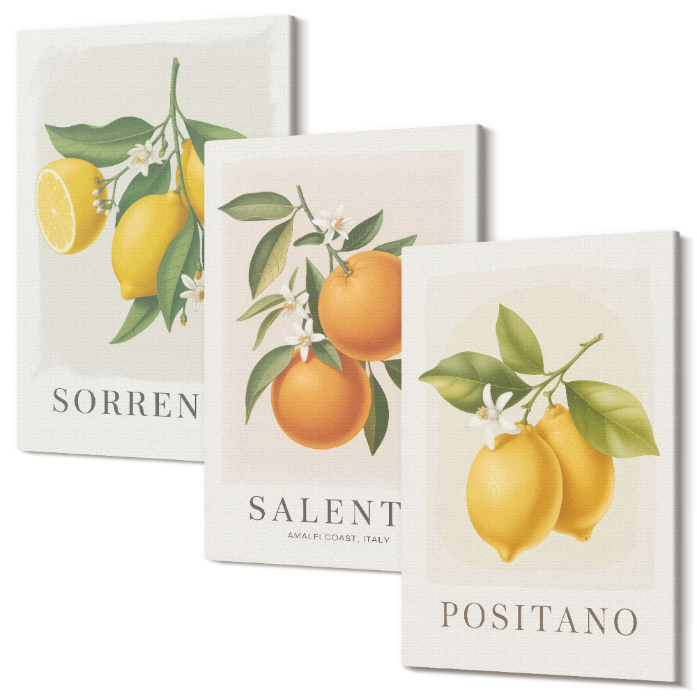 Zestaw obrazów 3 części tryptyk Cytryny i pomarańcze z włoskiego wybrzeża Amalfi