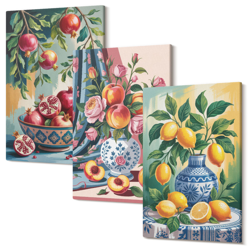 Zestaw obrazów 3 części tryptyk Malowane kwiaty i owoce w wazonach