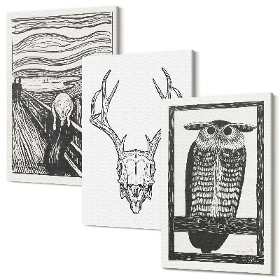 Zestaw obrazów tryptyk na ścianę Inspiracja obrazem Krzyk z czaszką i sową w stylu graficznym