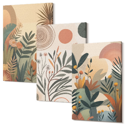 Zestaw obrazów 3 części tryptyk Roślinne motywy w stonowanych kolorach z okręgami
