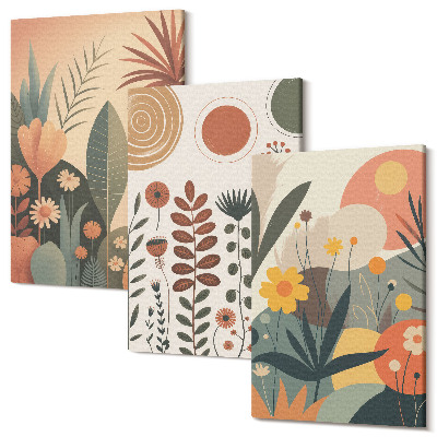 Zestaw obrazów tryptyk na ścianę Boho roślinne wzory w ciepłych odcieniach z naturą