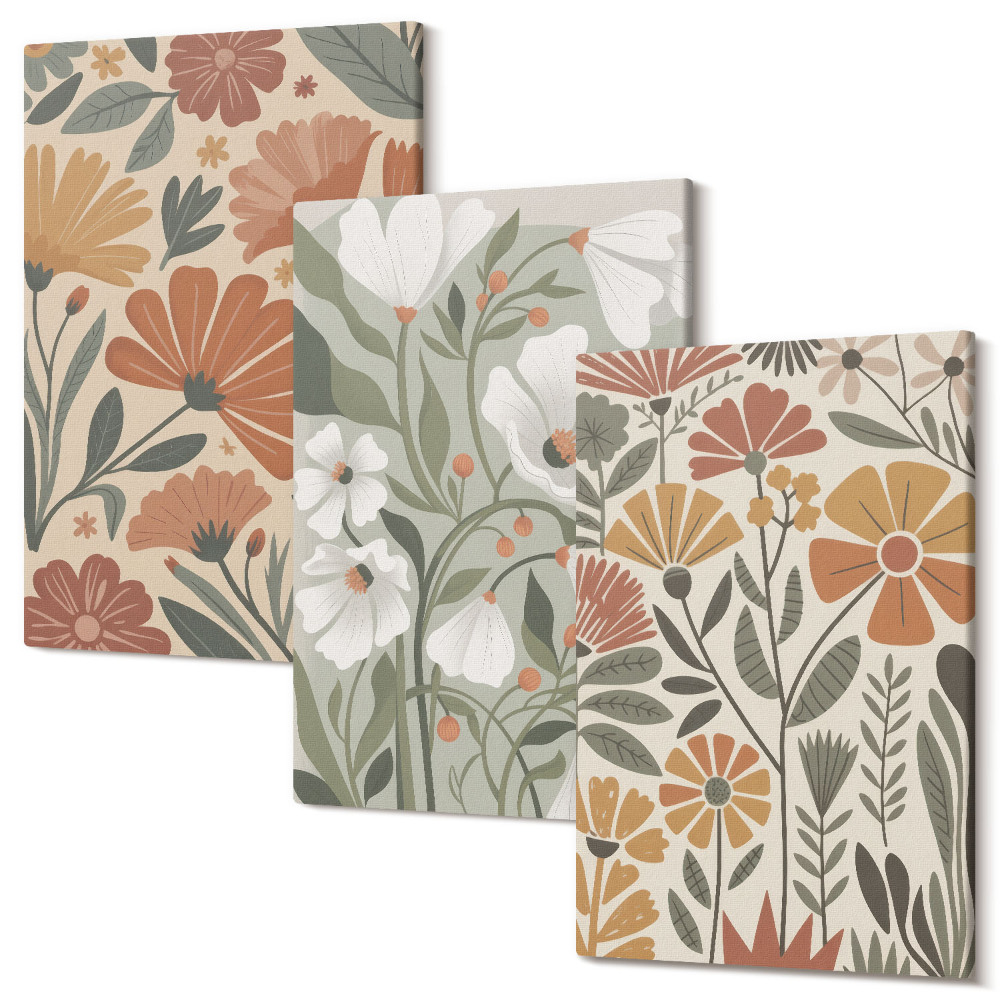 Zestaw obrazów 3 części tryptyk Kwiatowe wzory w odcieniach pomarańczowym i zielonym