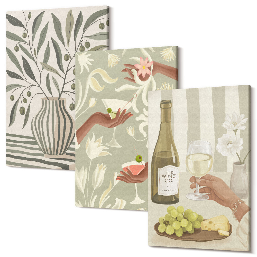 Zestaw obrazów na płótnie tryptyk Kwiaty oliwne i koktajle w stylu rustykalnym