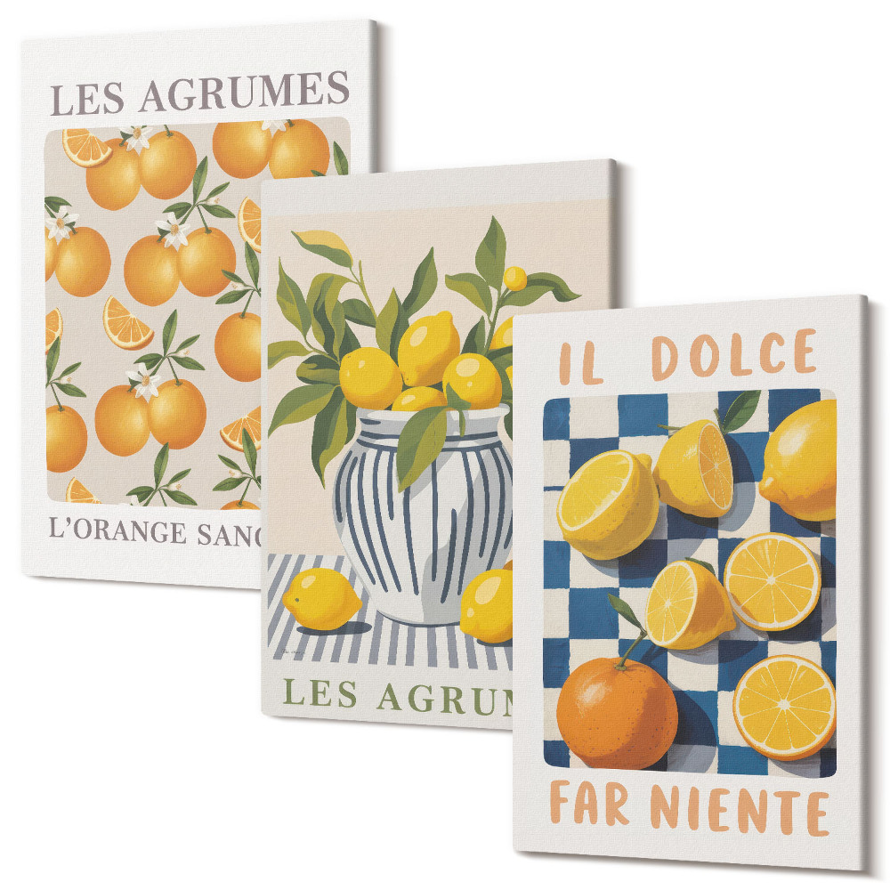 Zestaw obrazów tryptyk na ścianę Owoce cytrusowe w stylu retro z żółtymi akcentami