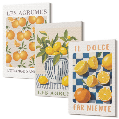 Zestaw obrazów tryptyk na ścianę Owoce cytrusowe w stylu retro z żółtymi akcentami