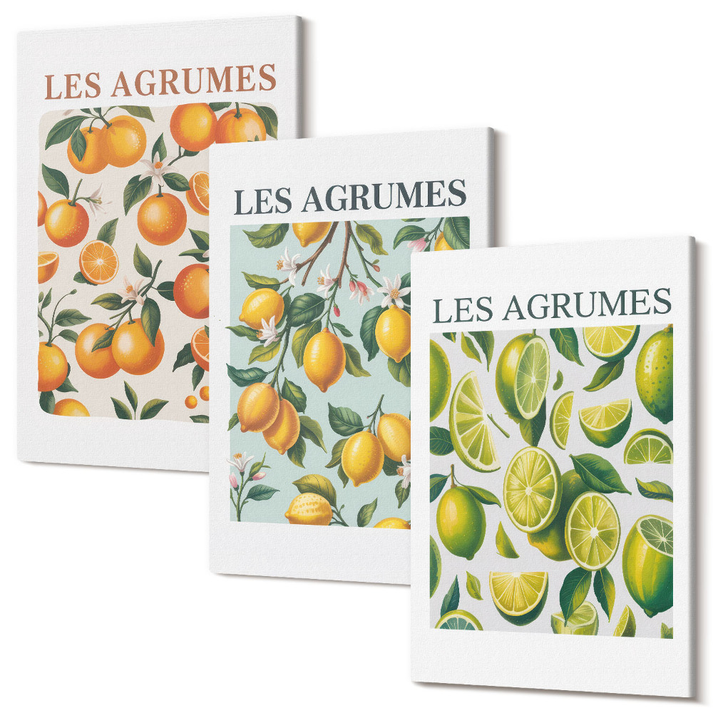 Zestaw obrazów 3 części tryptyk Owocowe wzory cytrusów w pastelowych kolorach