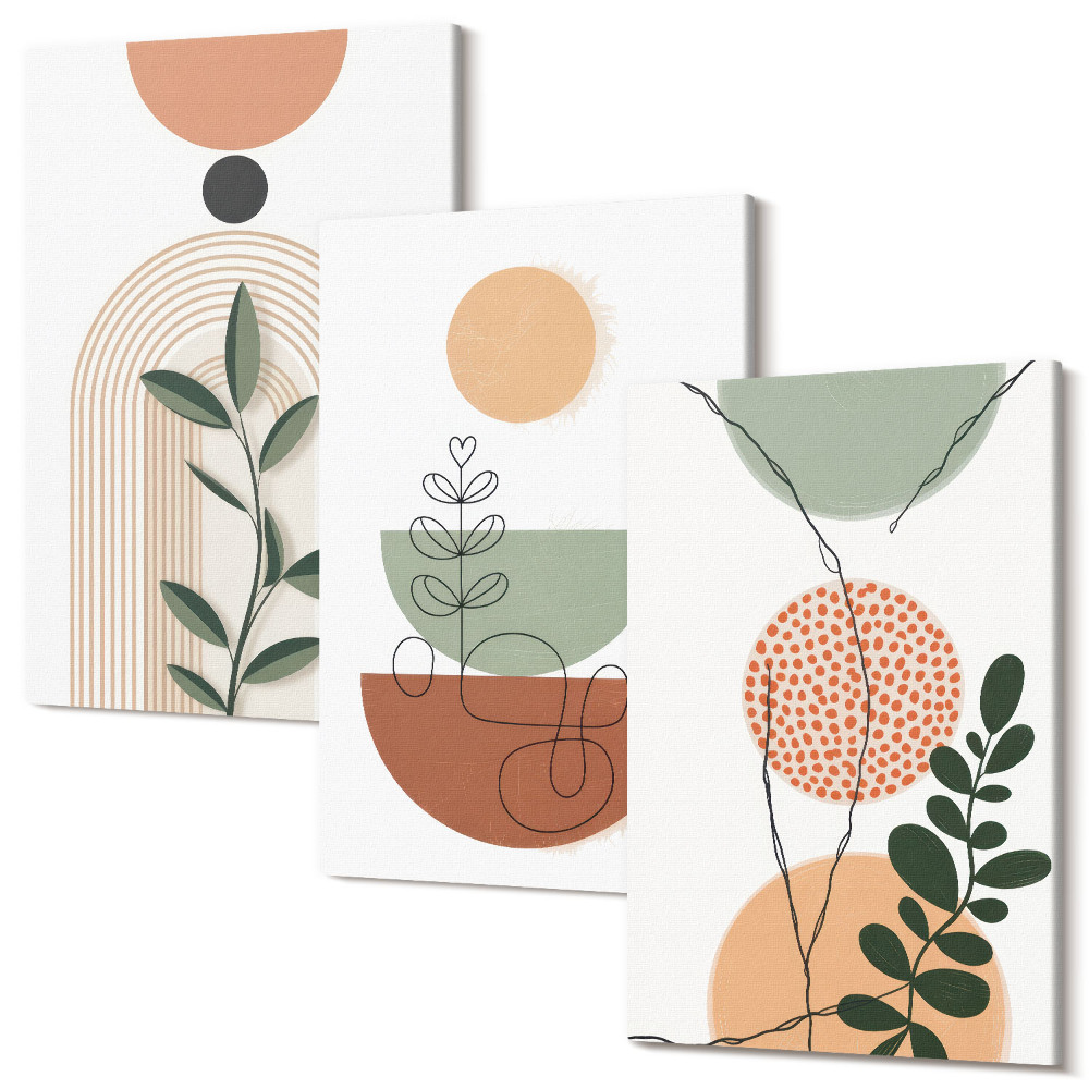 Zestaw obrazów tryptyk na ścianę Abstrakcyjne kształty z roślinnymi motywami kolorowymi