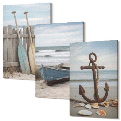 Zestaw obrazów tryptyk na ścianę Plaża z łodzią wiosłową i kotwicą na piasku