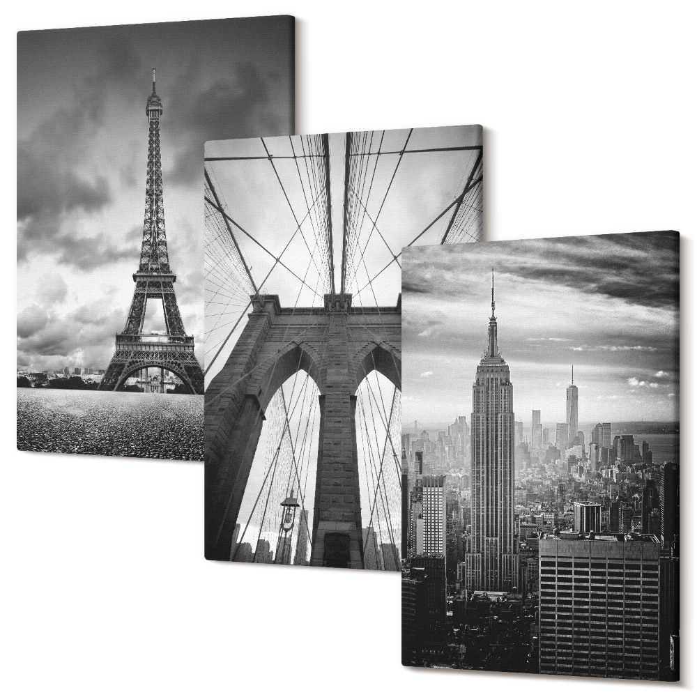 Zestaw obrazów 3 części tryptyk Wieże i mosty w monochromatycznych odcieniach
