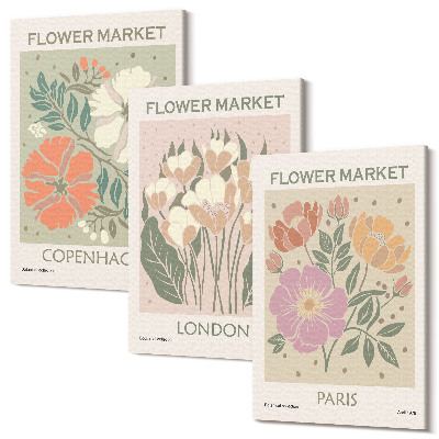 Zestaw obrazów 3 części tryptyk Kwiatowe postery Kopenhaga Londyn Paryż