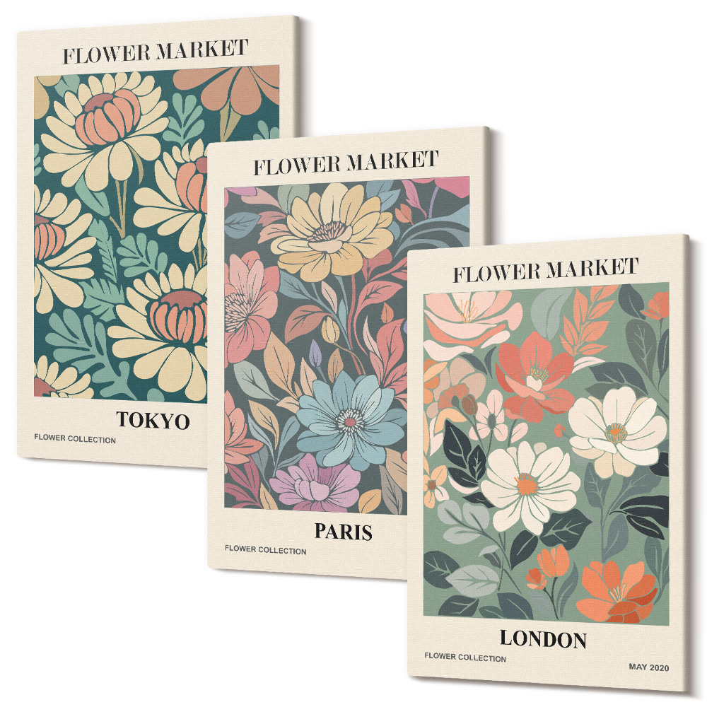 Zestaw obrazów na płótnie tryptyk Postery kwiatowe Tokio Paryż Londyn