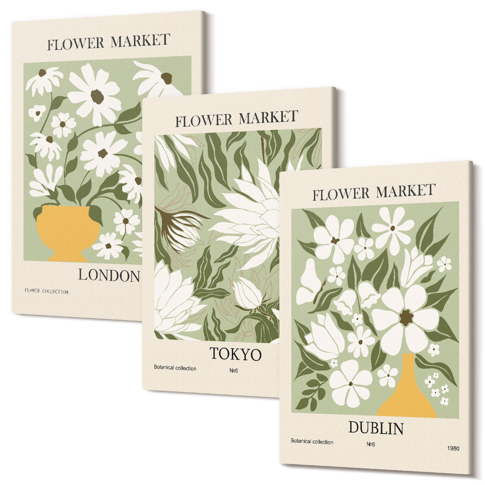 Zestaw obrazów tryptyk na ścianę Kwiatowe wzory posterów Londyn Tokio Dublin