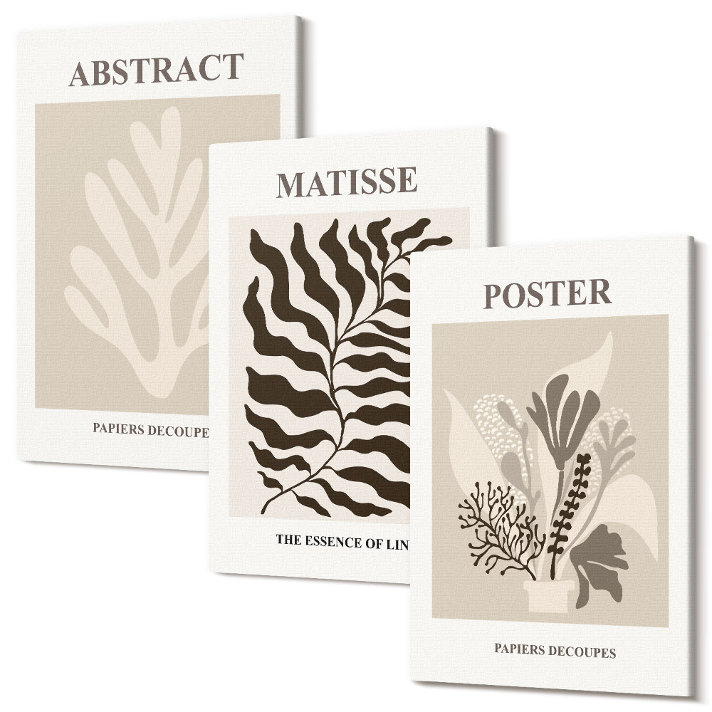 Zestaw obrazów tryptyk na ścianę Roślinne wzory w odcieniach beżu i brązu