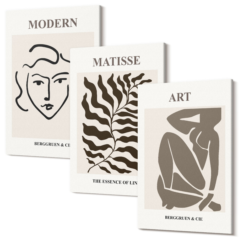 Zestaw obrazów tryptyk na ścianę Stylowe grafiki z liniami i postaciami w neutralnych kolorach