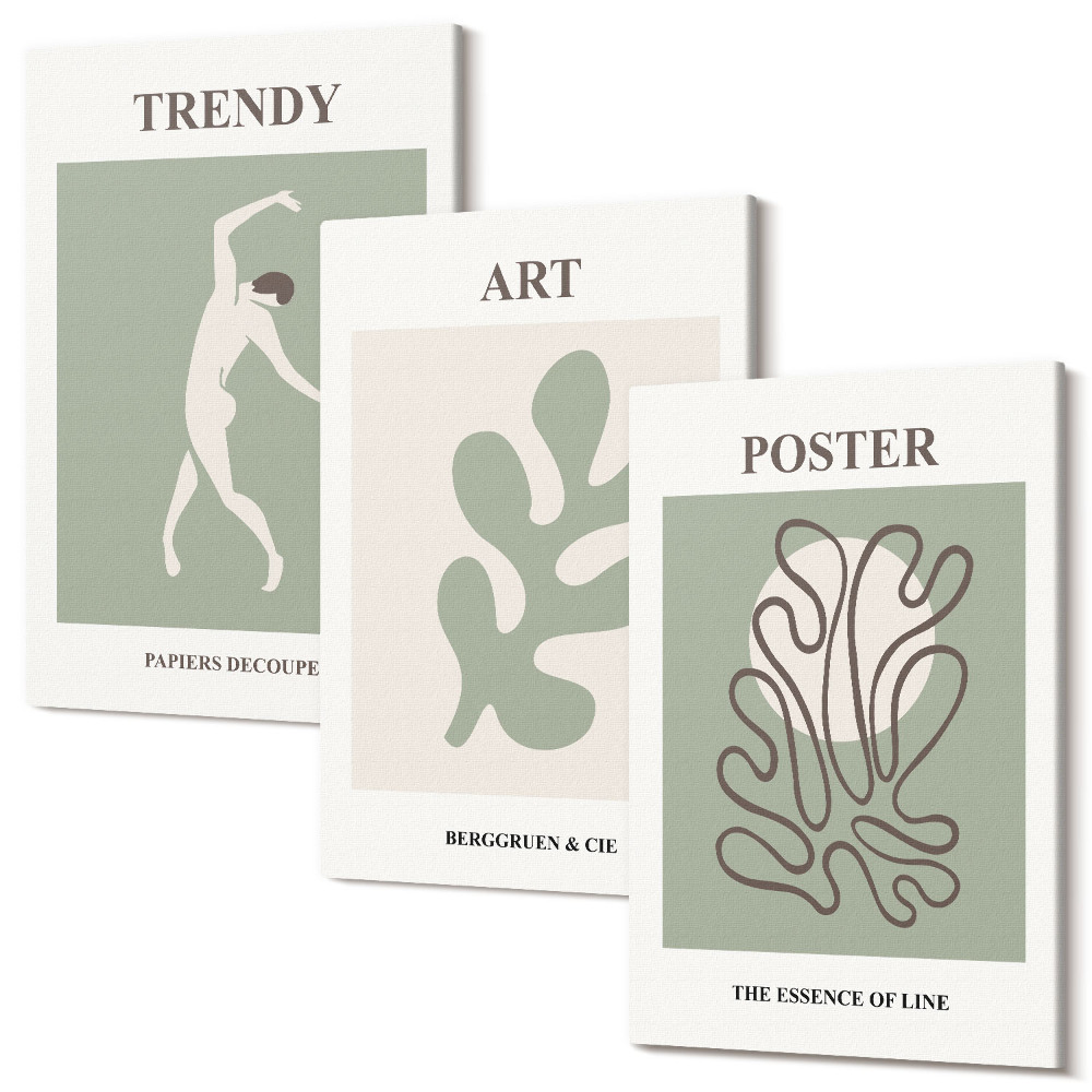 Zestaw obrazów na płótnie tryptyk Abstrakcyjne postacie i roślinne motywy w stonowanej kolorystyce