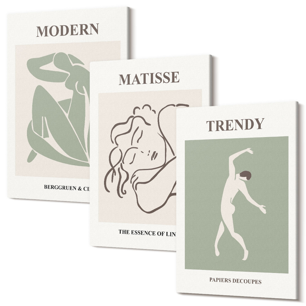 Zestaw obrazów 3 części tryptyk Stylowe postacie w minimalistycznych formach i kolorach