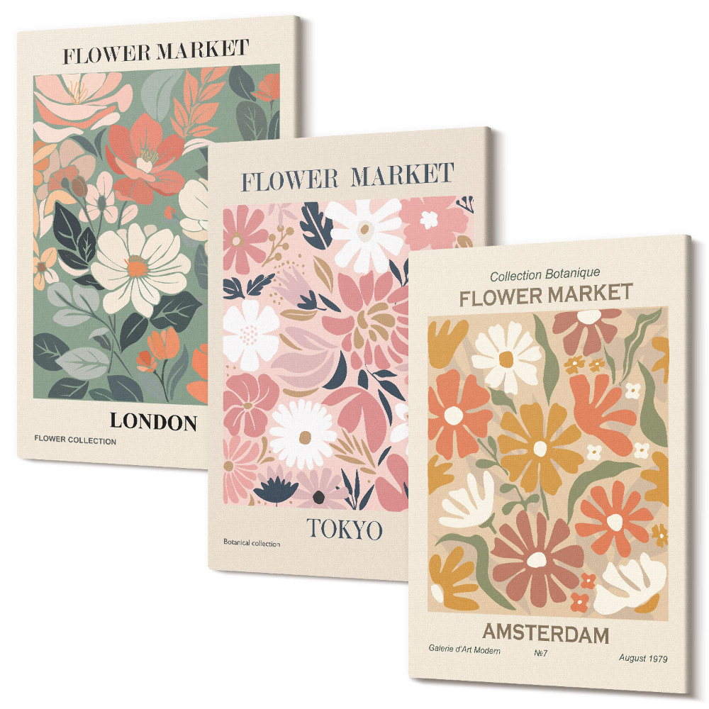 Zestaw obrazów tryptyk na ścianę Kwiatowe wzory Londyn Tokio i Amsterdam postery