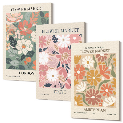 Zestaw obrazów tryptyk na ścianę Kwiatowe wzory Londyn Tokio i Amsterdam postery