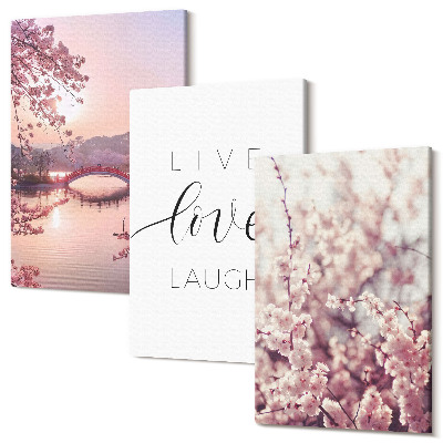 Zestaw obrazów tryptyk na ścianę Kwiatowe motywy z mostem i napisem