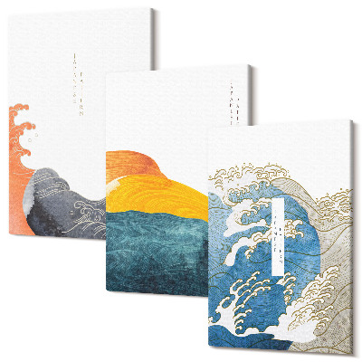 Zestaw obrazów tryptyk na ścianę Fale w japońskim stylu graficznym