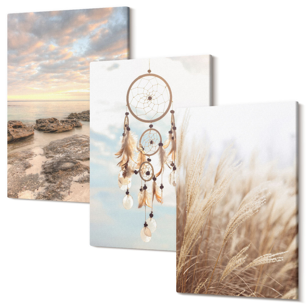 Zestaw obrazów na płótnie tryptyk Widok na morze z chmurami łapacz snów i trawa
