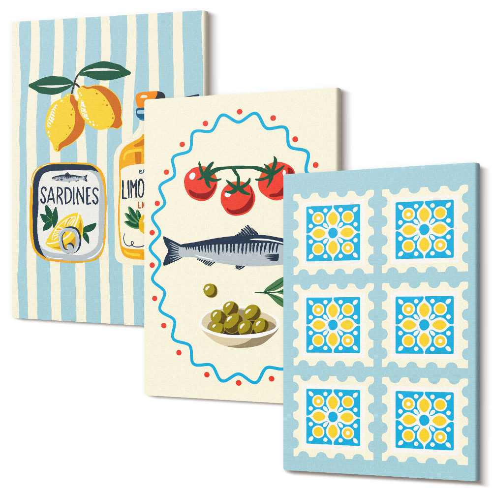 Zestaw obrazów na płótnie tryptyk Ilustracje kuchenne w śródziemnomorskim stylu