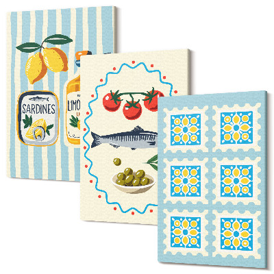 Zestaw obrazów na płótnie tryptyk Ilustracje kuchenne w śródziemnomorskim stylu