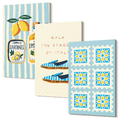 Zestaw obrazów 3 części tryptyk Wzory owoców i elementy włoskiej kultury