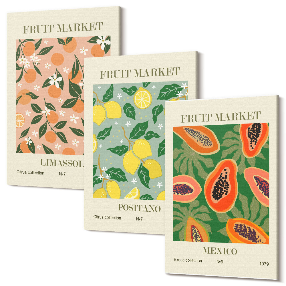 Zestaw obrazów na płótnie tryptyk Owoce cytrusowe i tropikalne w stylu retro