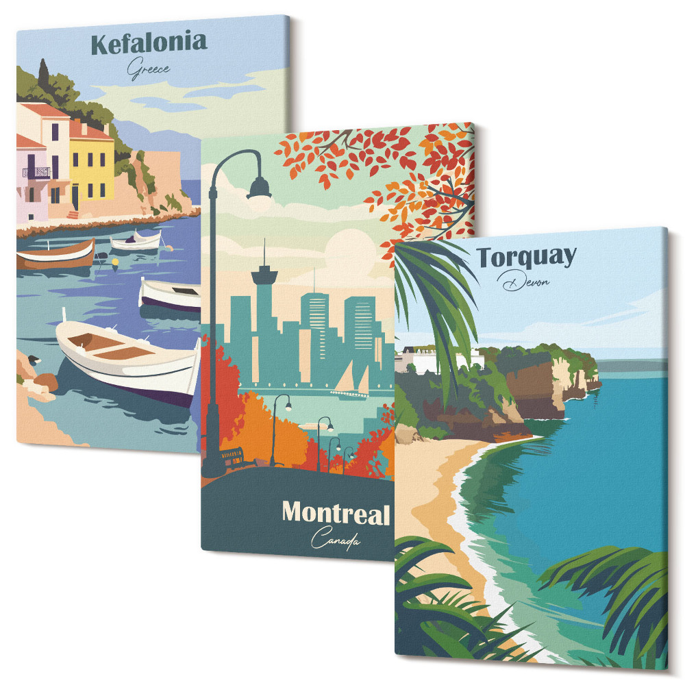 Zestaw obrazów 3 części tryptyk Widoki miast i krajobrazów z Grecji Kanady i Australii
