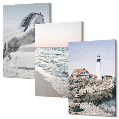 Zestaw obrazów tryptyk na ścianę Konie w ruchu plaża i latarnia morska fale wody