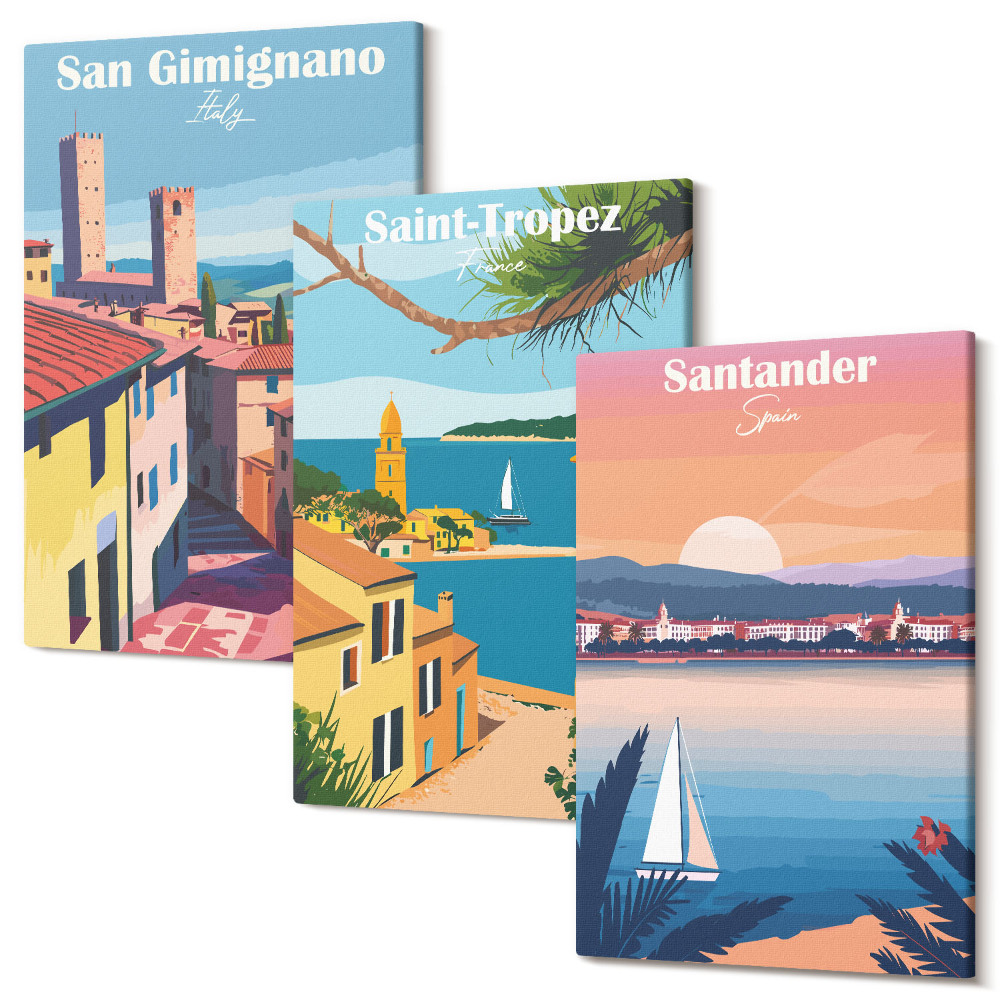 Zestaw obrazów tryptyk na ścianę Włoskie miasteczka i nadmorskie krajobrazy retro