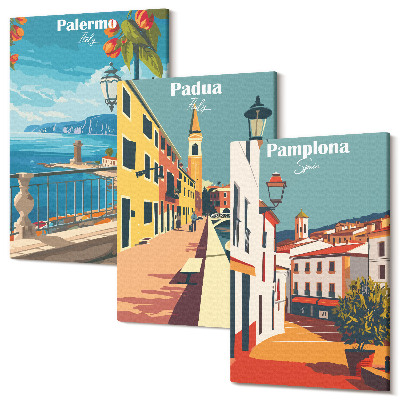Zestaw obrazów tryptyk na ścianę Popularne miasta w retro ilustracyjnym stylu