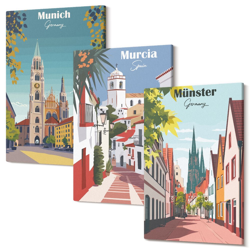 Zestaw obrazów 3 części tryptyk Miasta Europy w kolorowych ilustracjach