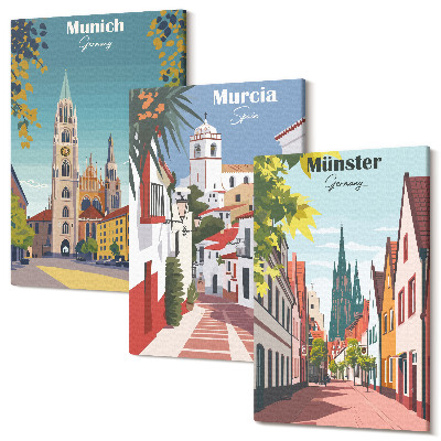 Zestaw obrazów 3 części tryptyk Miasta Europy w kolorowych ilustracjach