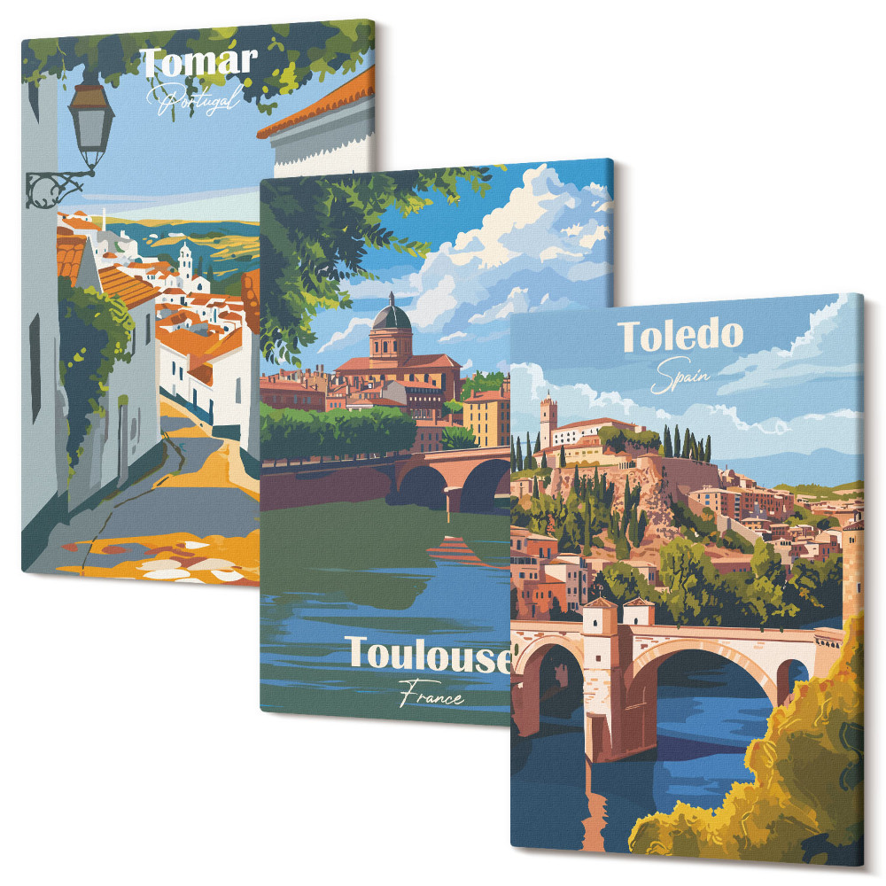 Zestaw obrazów 3 części tryptyk Grafiki znanych miast w stylu retro