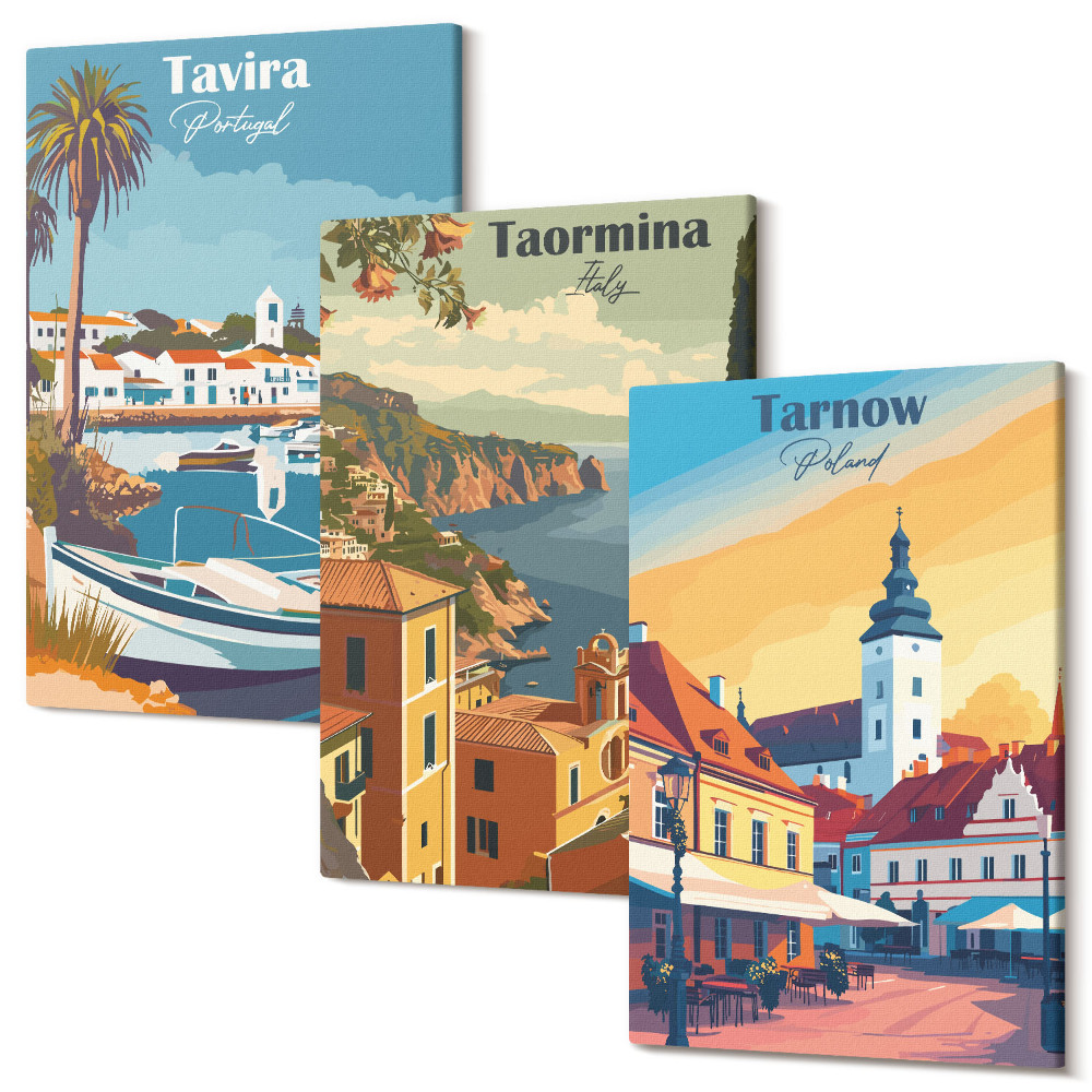 Zestaw obrazów na płótnie tryptyk Widoki miast nadmorskich i ich architektura