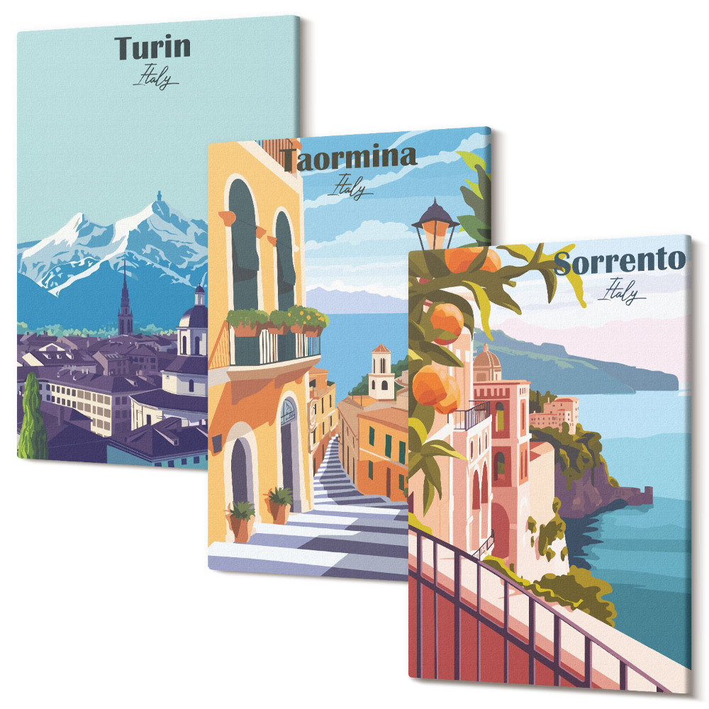 Zestaw obrazów 3 części tryptyk Kolorowe ilustracyjne widoki miast w stylu retro