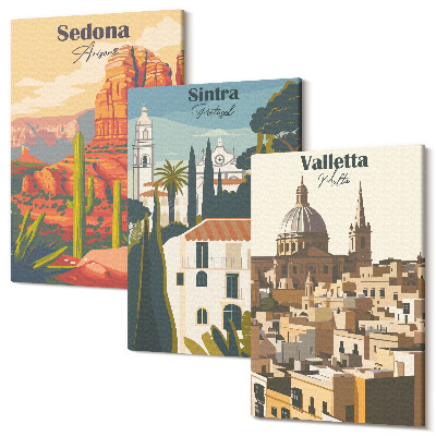 Zestaw obrazów 3 części tryptyk Widoki miast Sedona Sintra Valletta w stylu retro