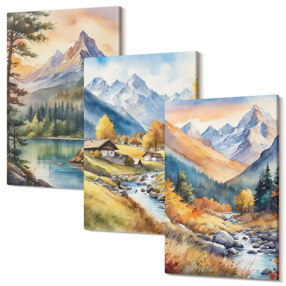 Zestaw obrazów tryptyk na ścianę Górski krajobraz z rzeką i domkami w jesiennych barwach