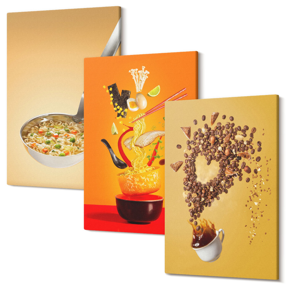 Zestaw obrazów 3 części tryptyk Kuchenne motywy jedzenia i napojów