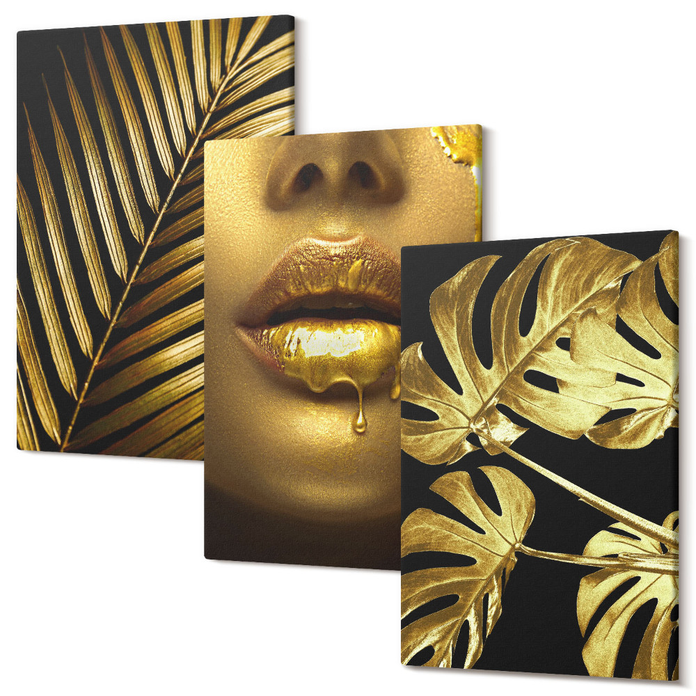 Zestaw obrazów 3 części tryptyk Liście palmowe twarz kobiety liście monstery