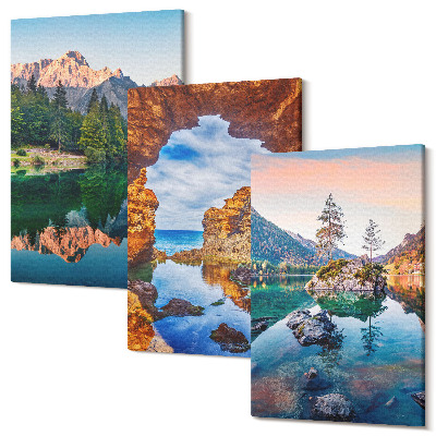 Zestaw obrazów 3 części tryptyk Górskie jeziora z odbiciem w wodzie i skałami