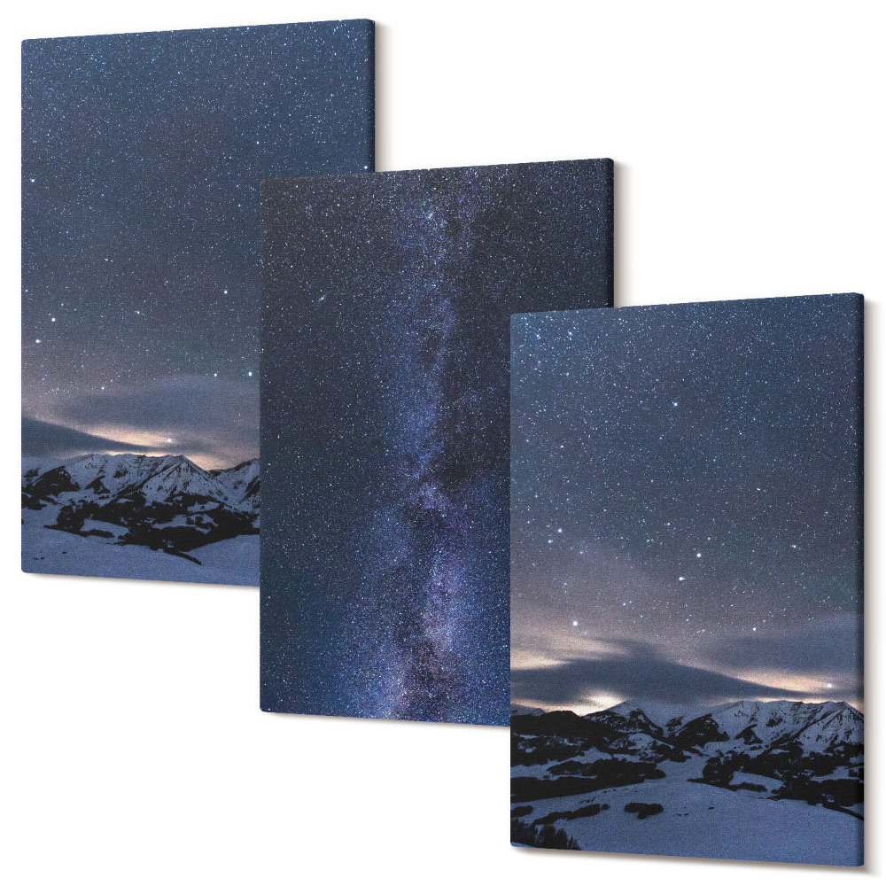 Zestaw obrazów tryptyk na ścianę Nocne niebo z gwiazdami i górskim krajobrazem