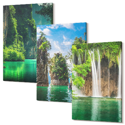 Zestaw obrazów 3 części tryptyk Zielone krajobrazy z wodospadami i skałami