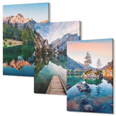 Zestaw obrazów 3 części tryptyk Górskie jeziora z odbiciem w wodzie i lasem