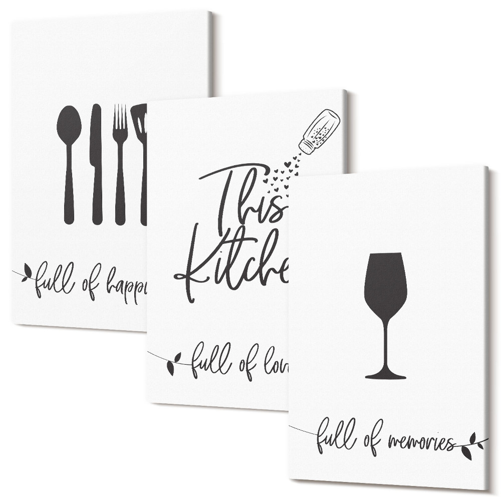 Zestaw obrazów na płótnie tryptyk Wzory przyborów kuchennych z napisem do kuchni