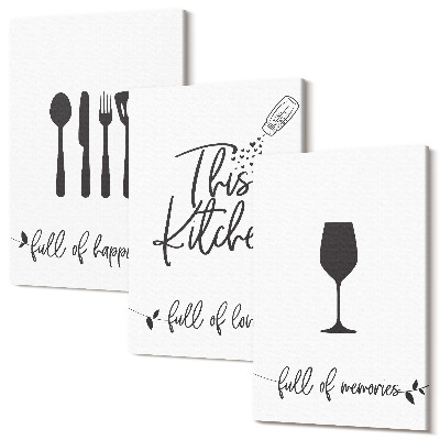 Zestaw obrazów na płótnie tryptyk Wzory przyborów kuchennych z napisem do kuchni